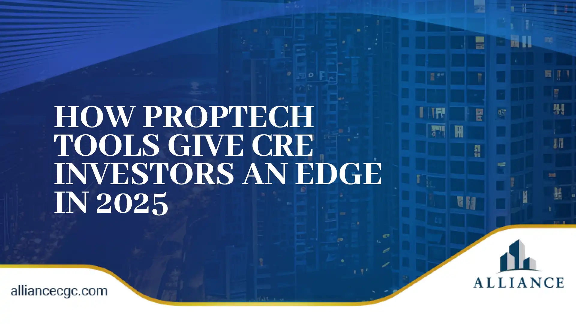 Blue and gold graphic design with bold white title text over a cityscape background.