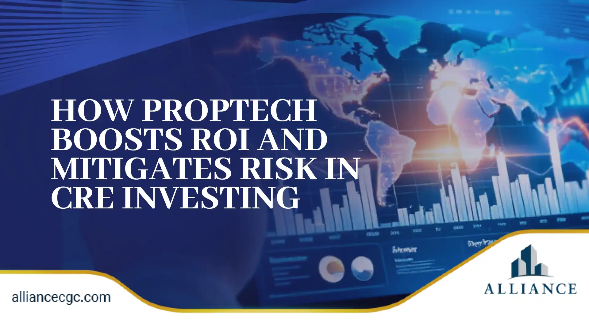 Blue tech-themed design with global map and data charts in the background.