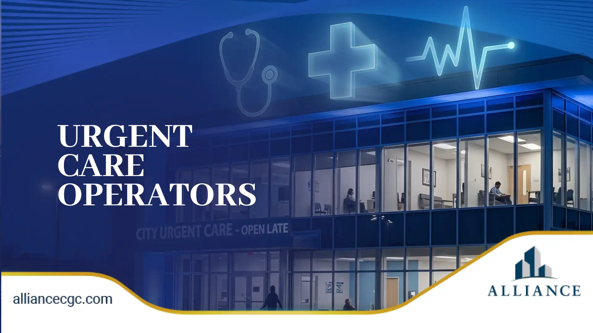  Blue-toned urgent care building design with glowing medical icons above the structure.