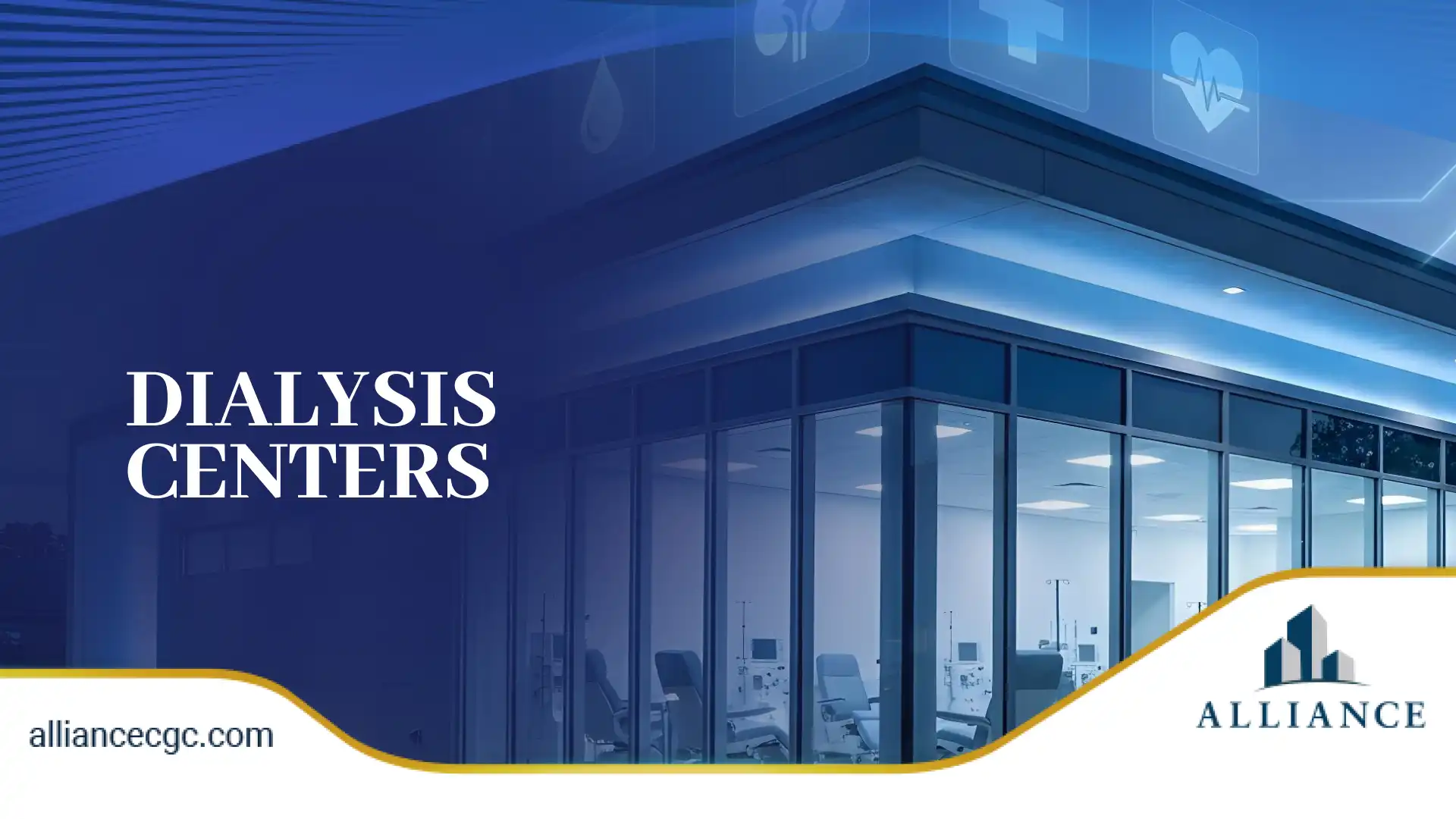 Modern dialysis center building in blue tones with glowing medical icons above.