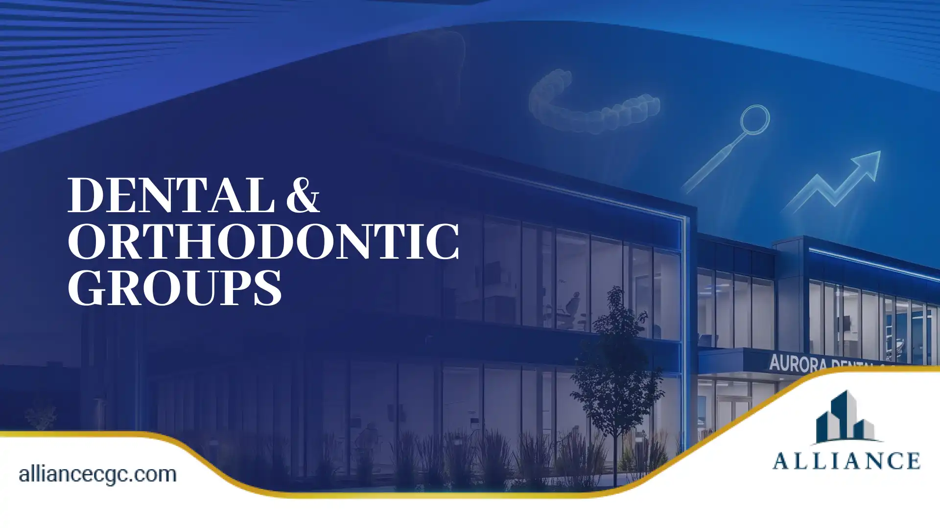 Blue dental clinic building design with glowing orthodontic icons above the structure.