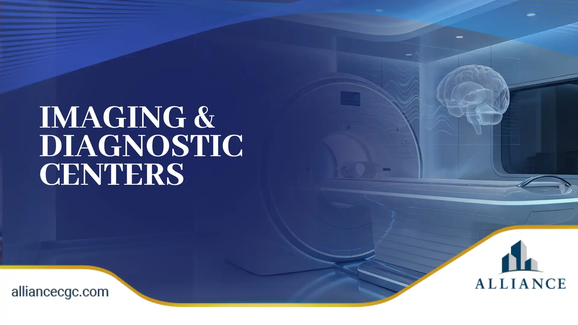 Blue-toned imaging center design featuring MRI machine and glowing diagnostic icons.