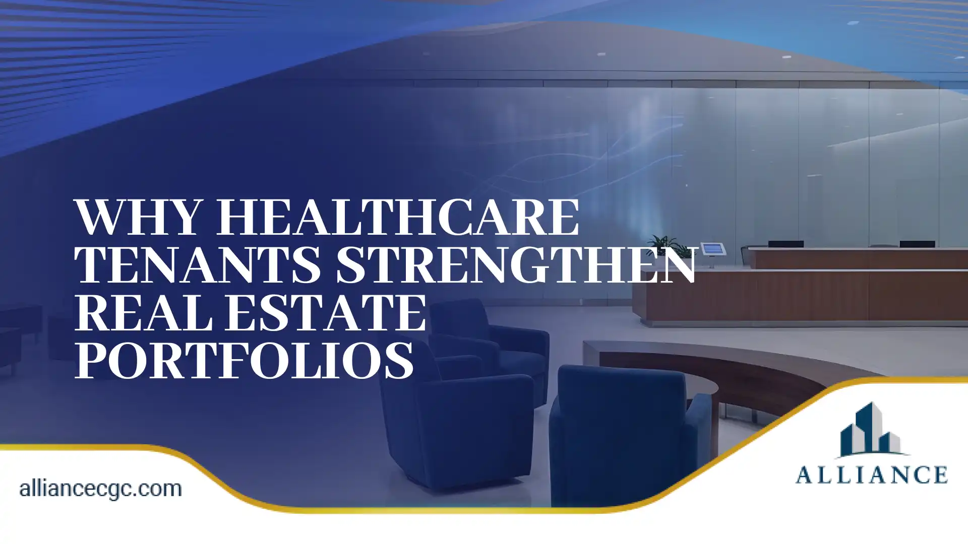 Modern healthcare lobby design in blue tones with sleek seating and clean lines.