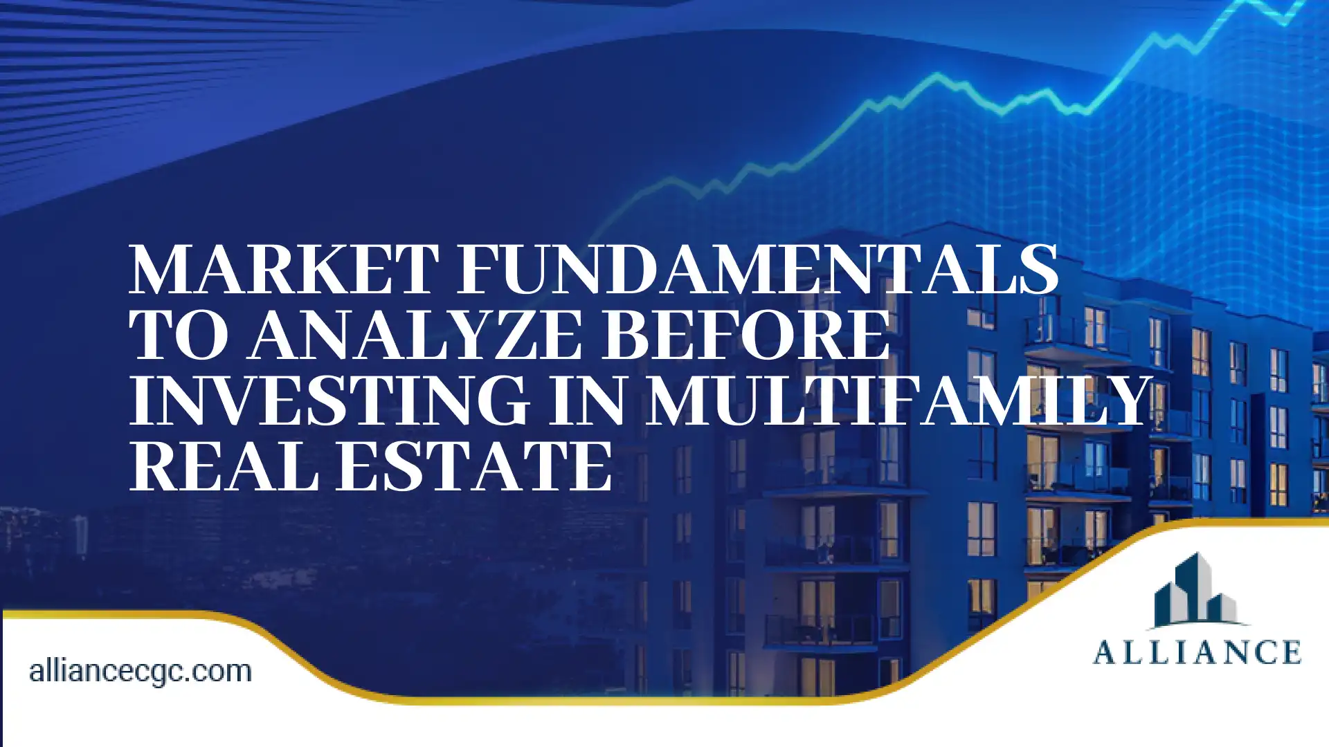 Blue-gold real estate graphic with modern apartments and glowing market trend line