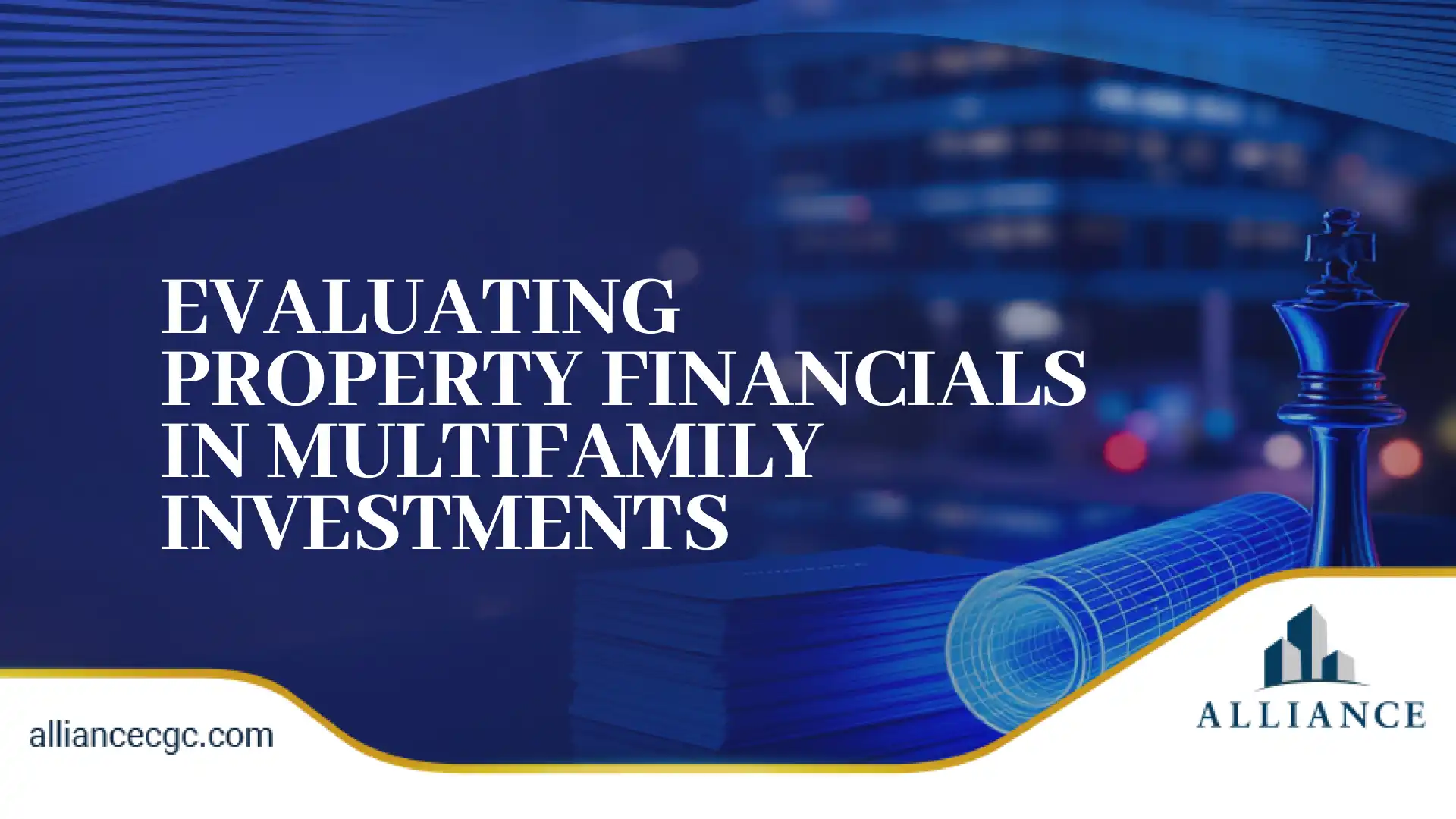 Blue-gold real estate layout with financial imagery, rolled plans, and chess piece