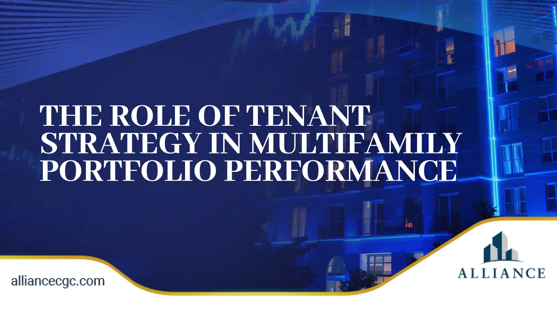 Blue-gold real estate graphic featuring modern apartments with glowing blue accents