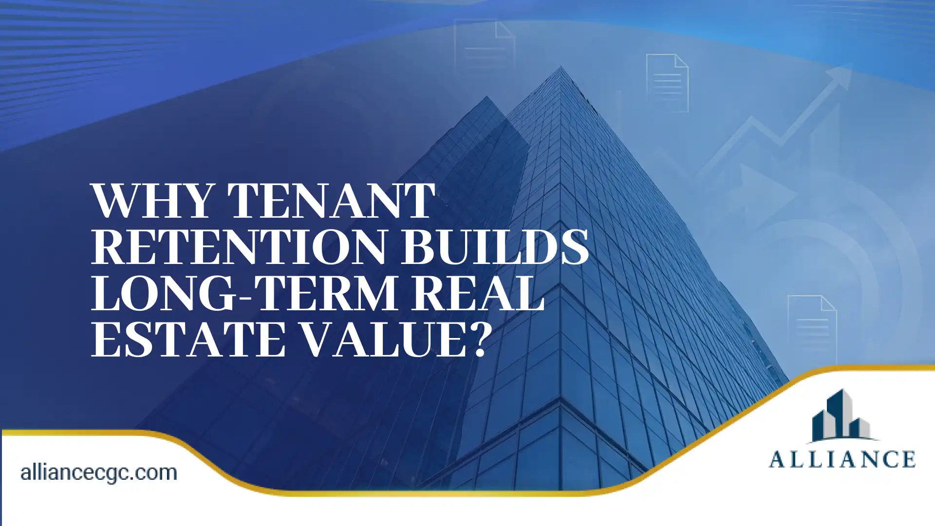 Modern glass skyscraper design with blue gradient overlay and upward arrows