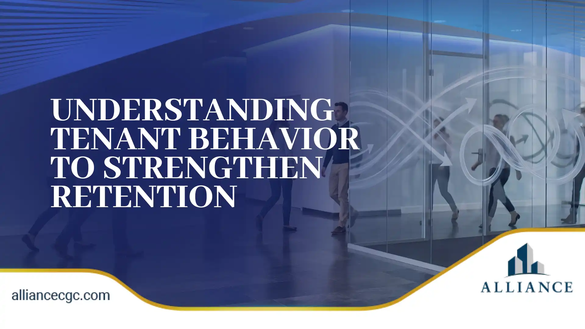 Modern office hallway design with glass walls and abstract motion arrows