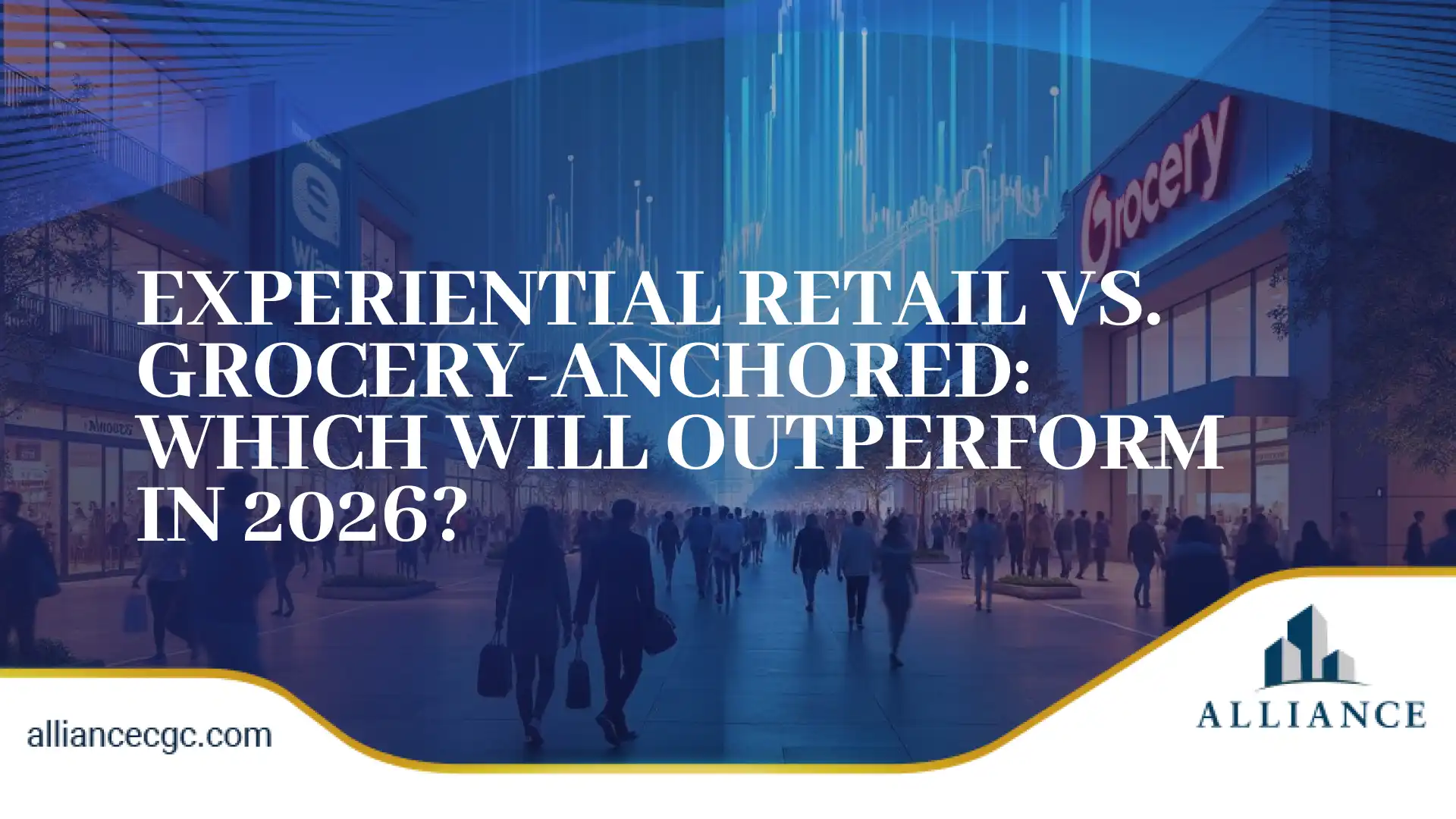 Alliance CGC graphic showing grocery-anchored retail center design at night.