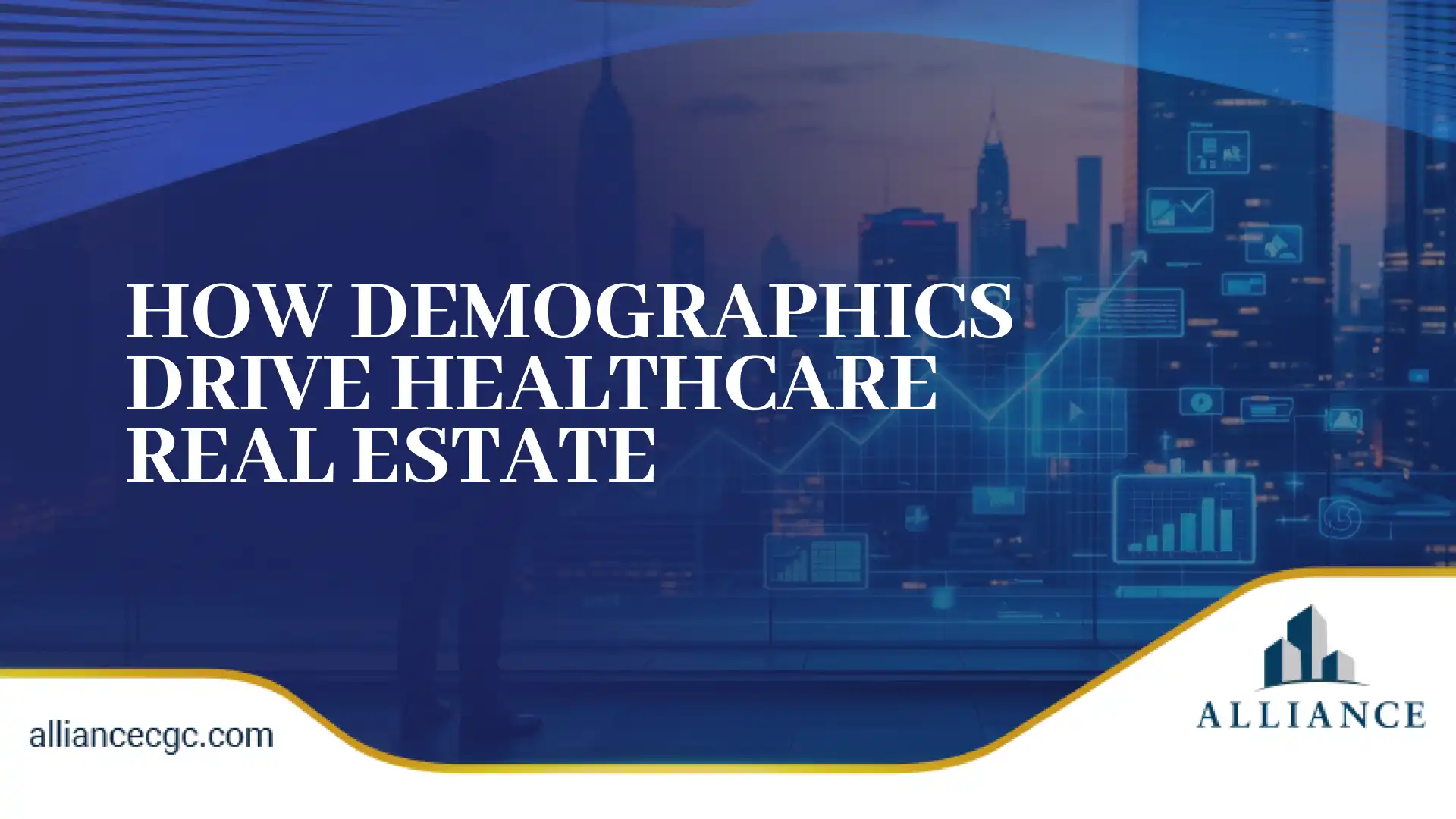 Healthcare real estate design with city skyline, data analytics and growth charts