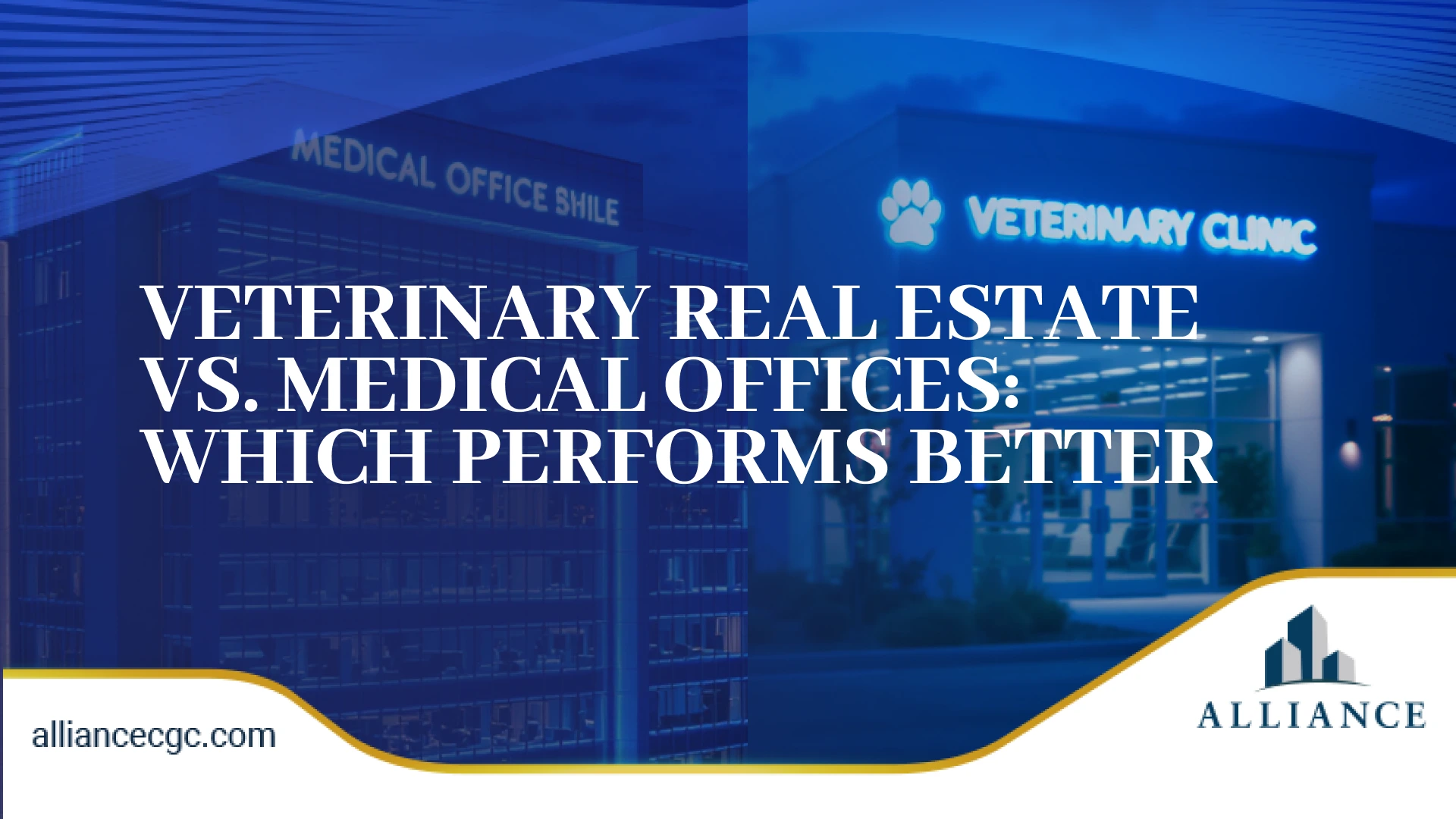 Side-by-side view of a veterinary real estate and medical office in a night setting.