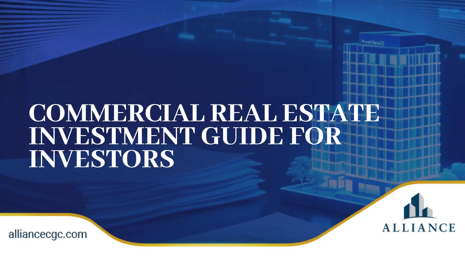Commercial real estate investment guide with building model and documents.