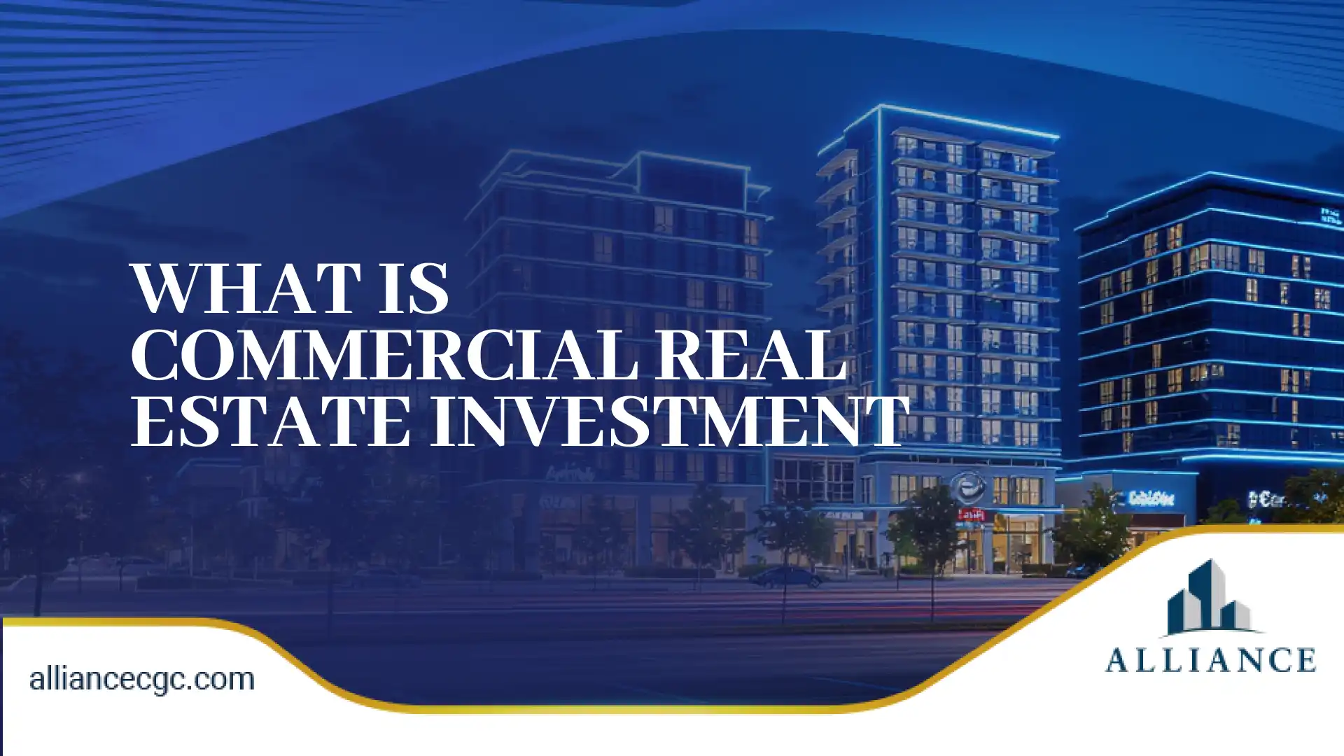 An illuminated commercial building at night, showing the concept of commercial real estate investment.