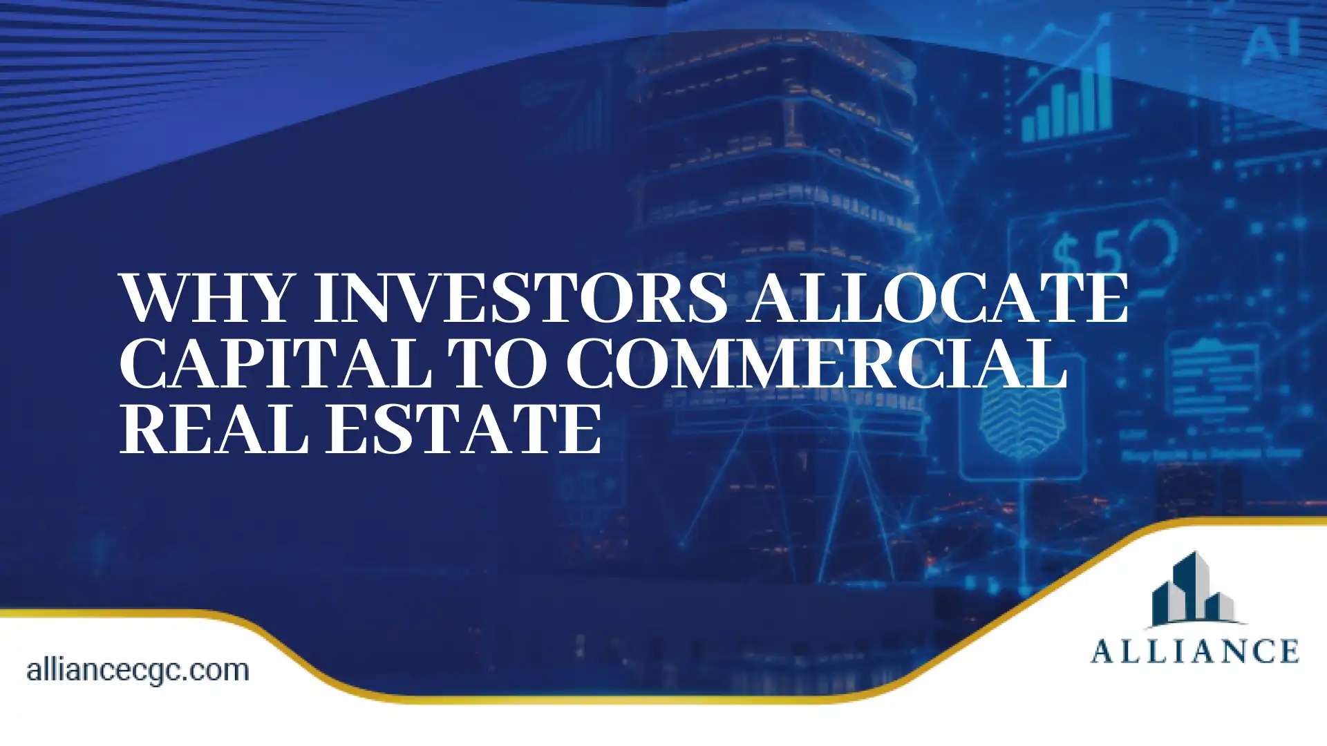 Cityscape with financial data showing why investors allocate to commercial real estate.