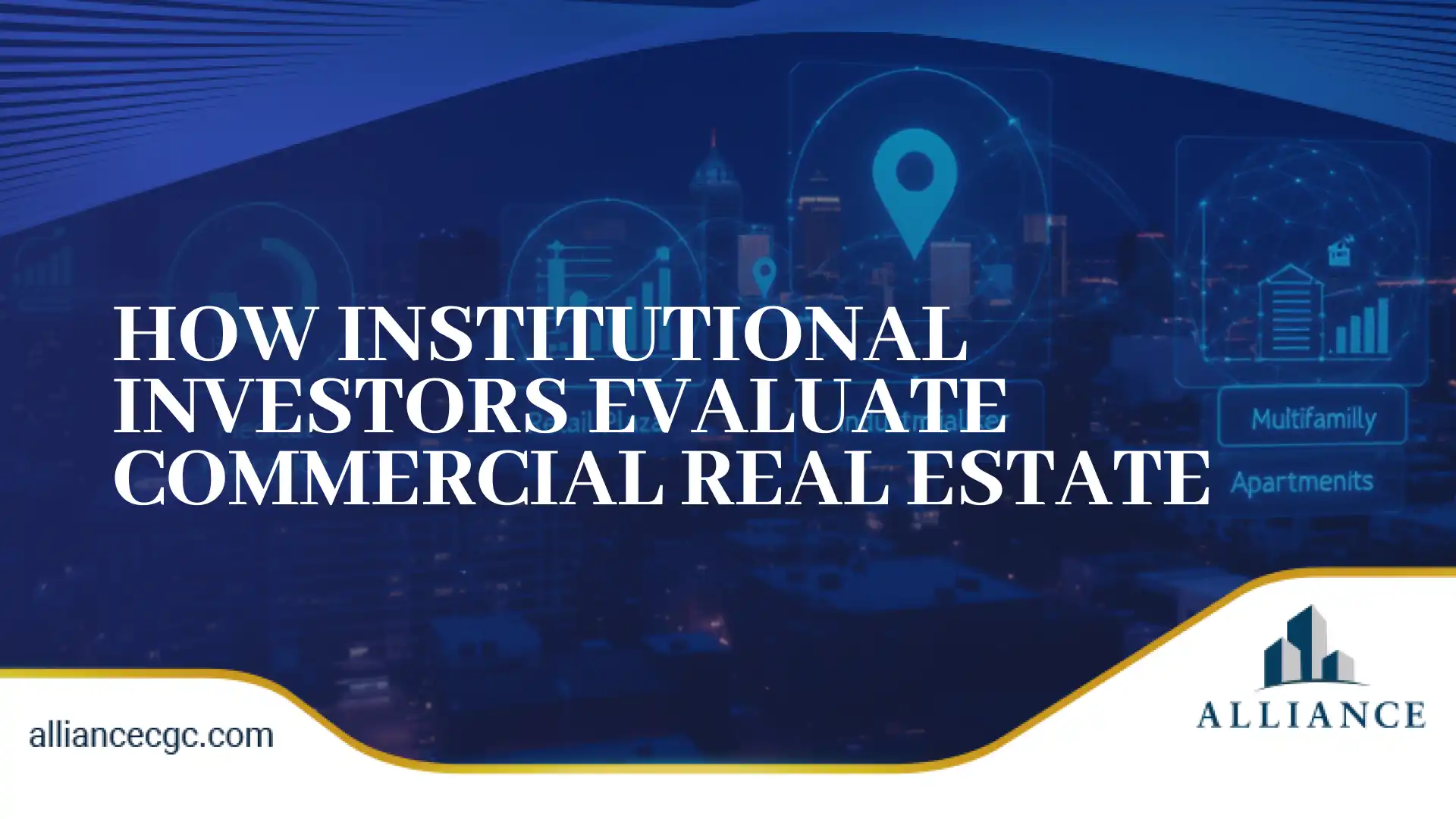 Cityscape with data overlays showing how institutional investors evaluate commercial real estate.