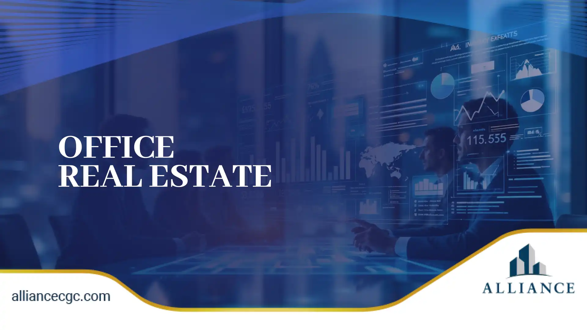Office real estate investment with business professionals and data analysis.