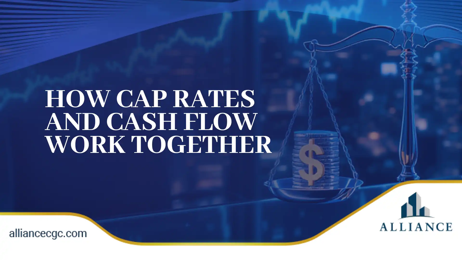Scales balancing coins and a dollar sign, illustrating how cap rates and cash flow work together in real estate.