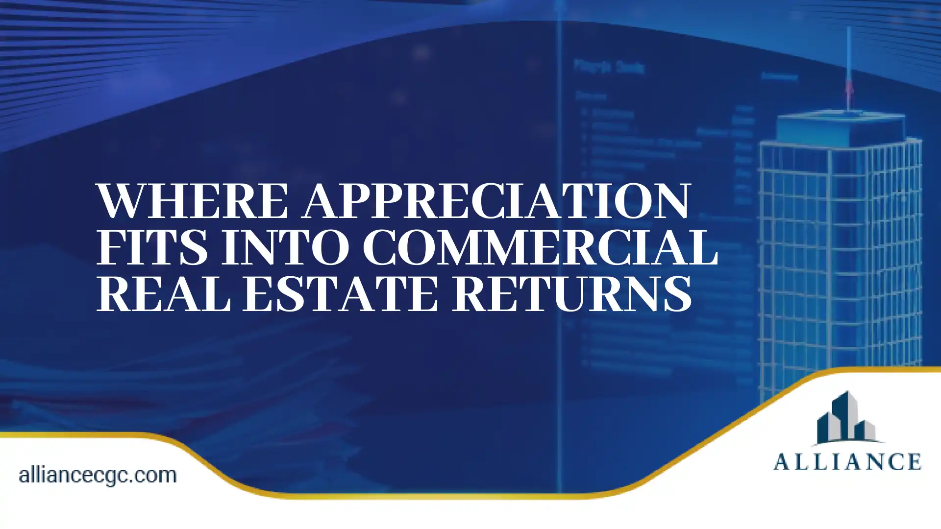 City skyline with financial data, showing where appreciation fits into real estate ROI.