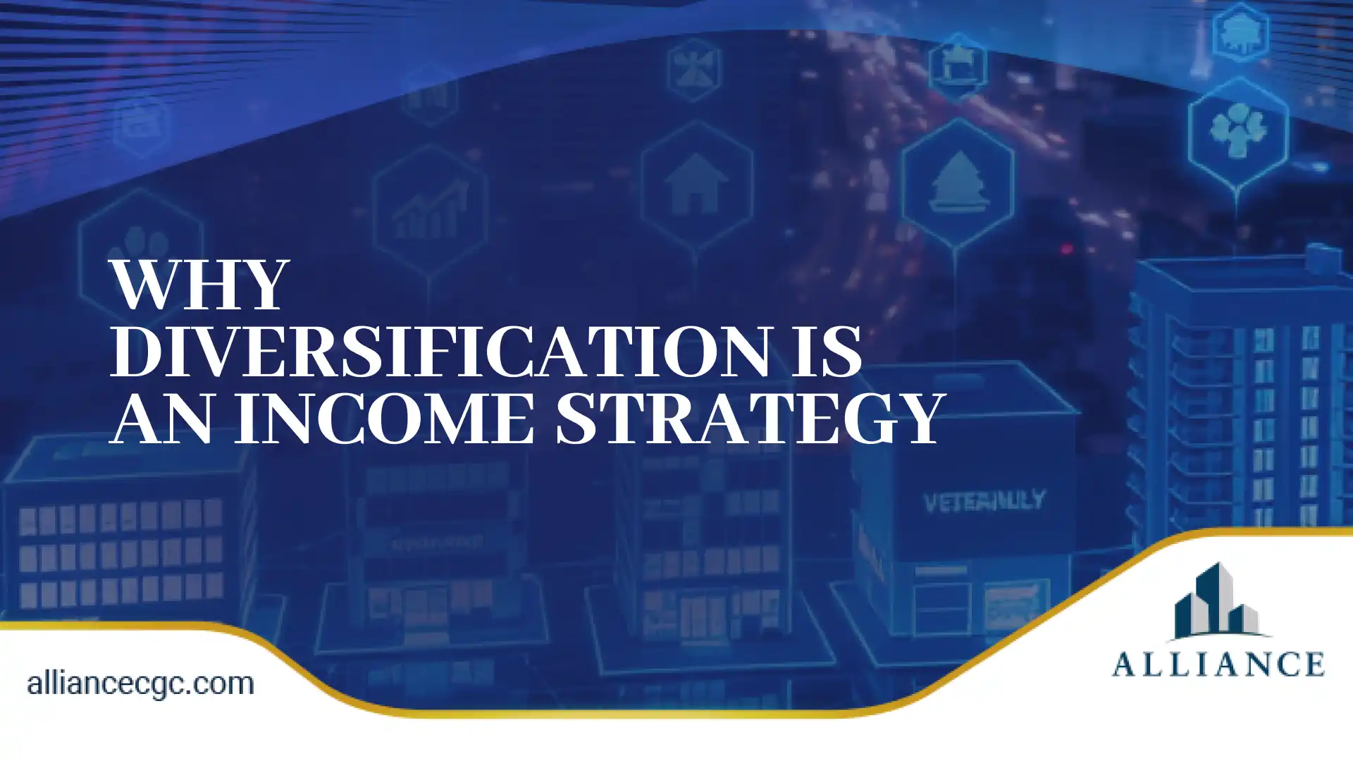 City skyline with financial icons, showing why diversification is key in commercial real estate portfolio management.
