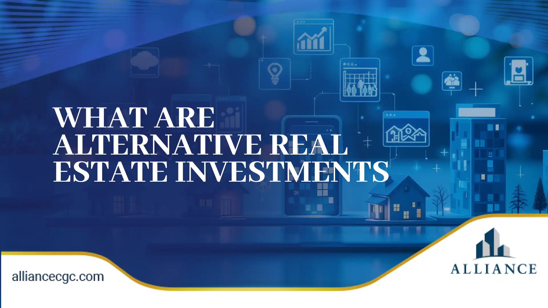Cityscape with digital icons, illustrating the concept of alternative real estate investments.
