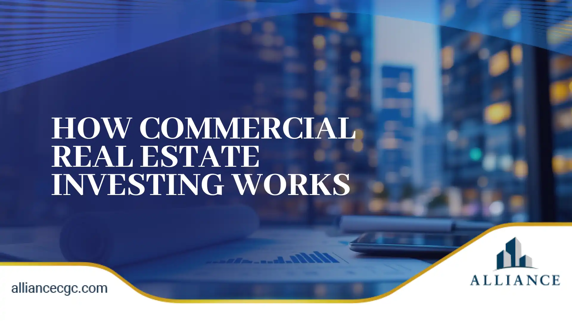 City skyline with charts and financial data, illustrating how commercial real estate investing works.