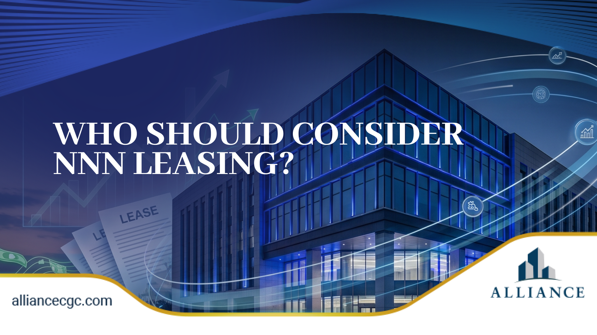 Modern office building with visuals highlighting who should consider NNN leasing.