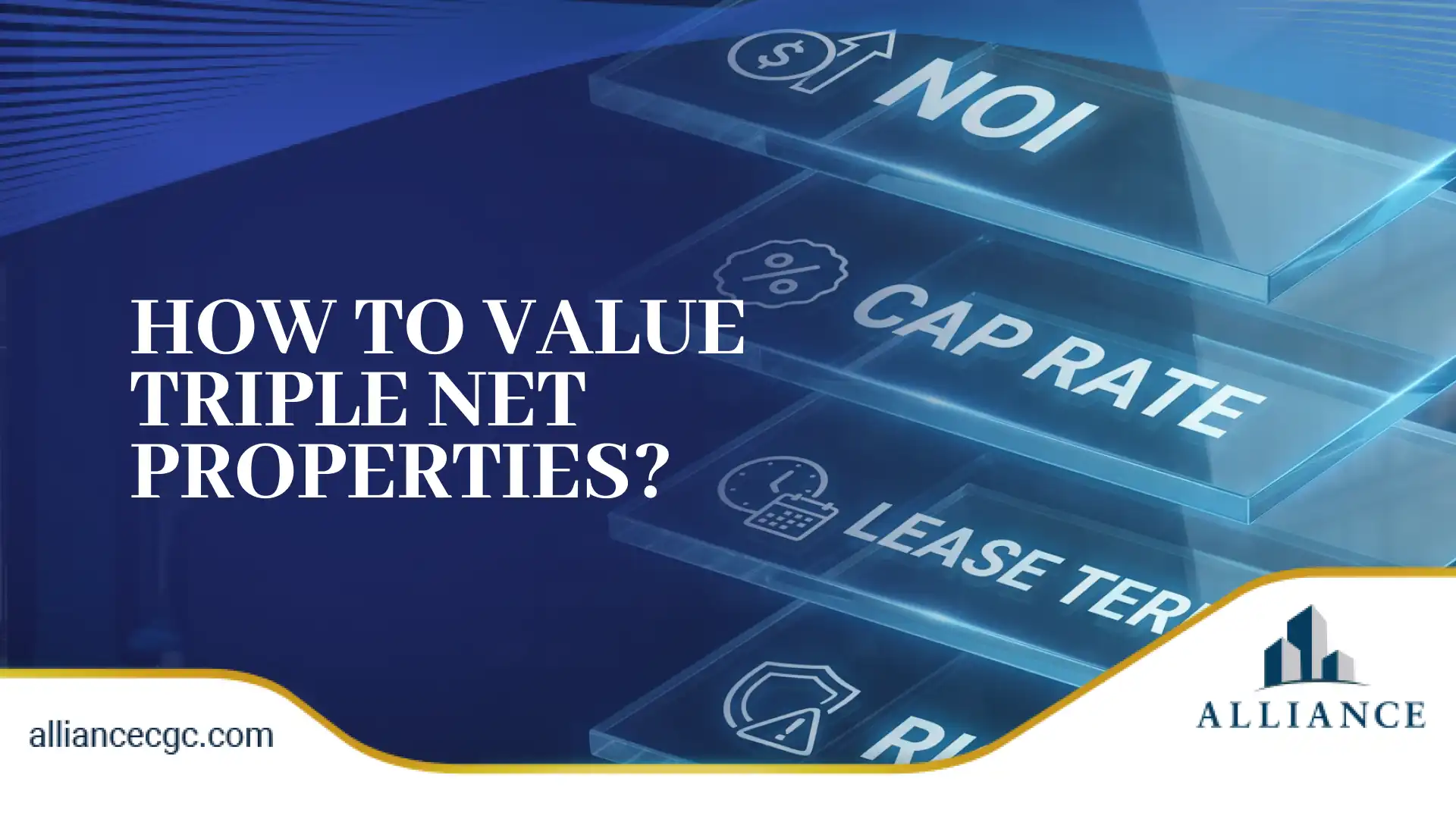 Close-up of icons representing NOI, cap rate, lease term, and risk for valuing NNN properties.