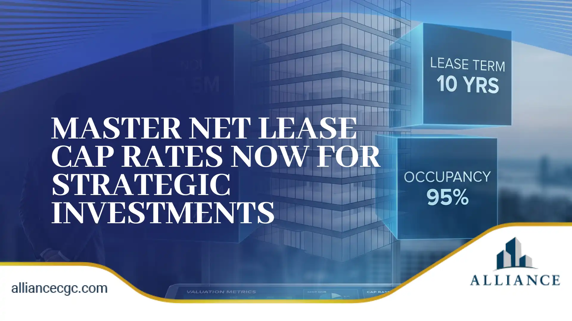 Office building with visuals showing lease term, occupancy rate, and net lease cap rates