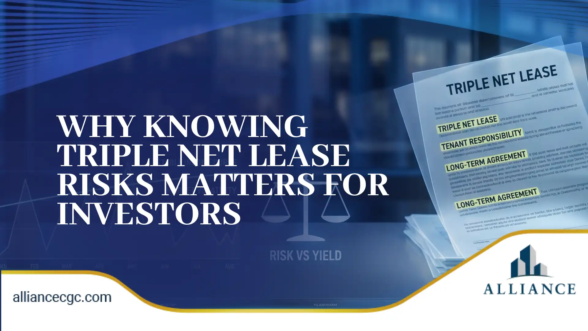 Documents showing triple net lease details with risk vs yield chart, highlighting investor risks