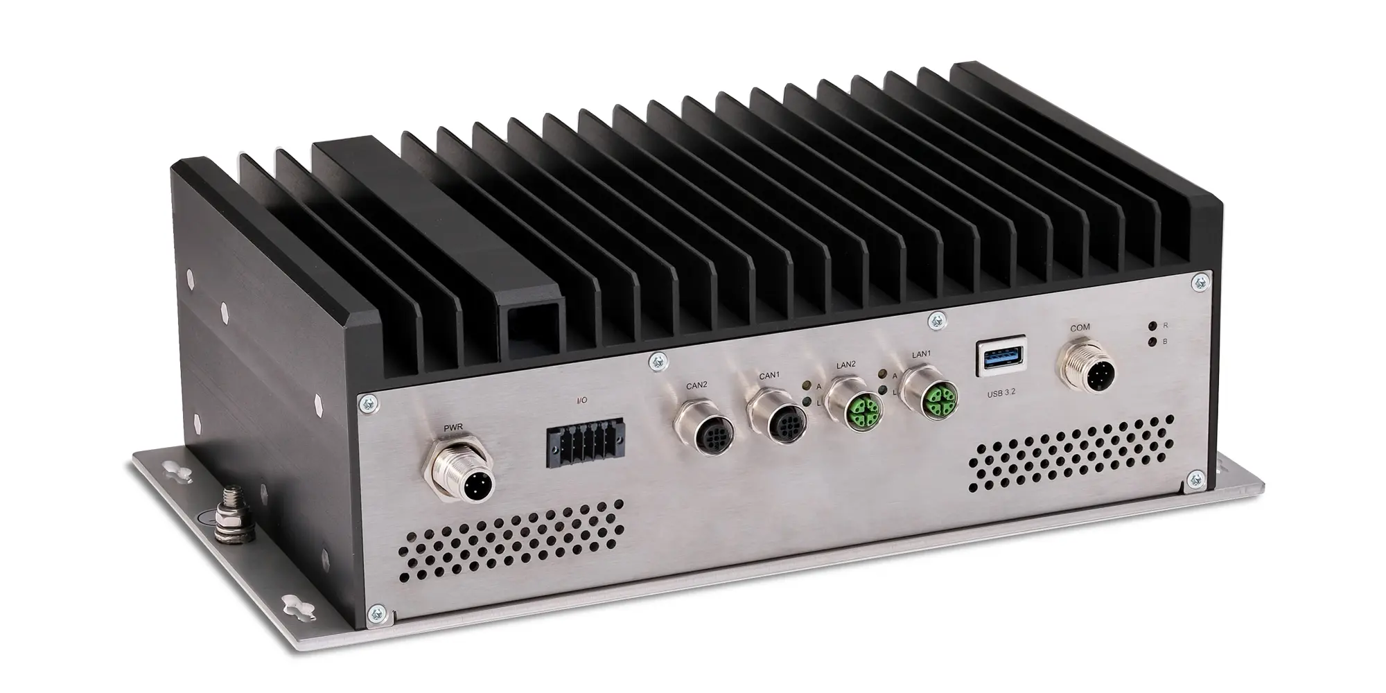 Embedded System by Syslogic for Railway/Transporation use. Black cooling fins, 3/4 view