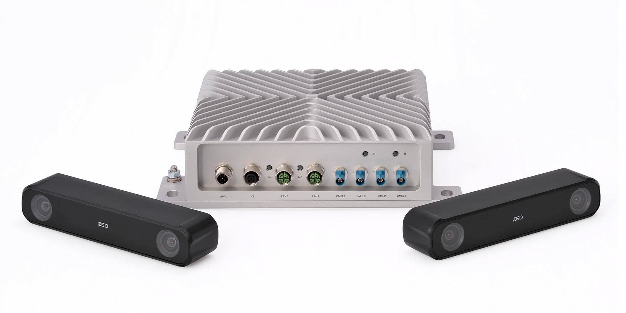 Syslogic AI Rugged Computer with four GMSL2 inputs, shown with two ZED stereo cameras for high-speed sensor fusion.