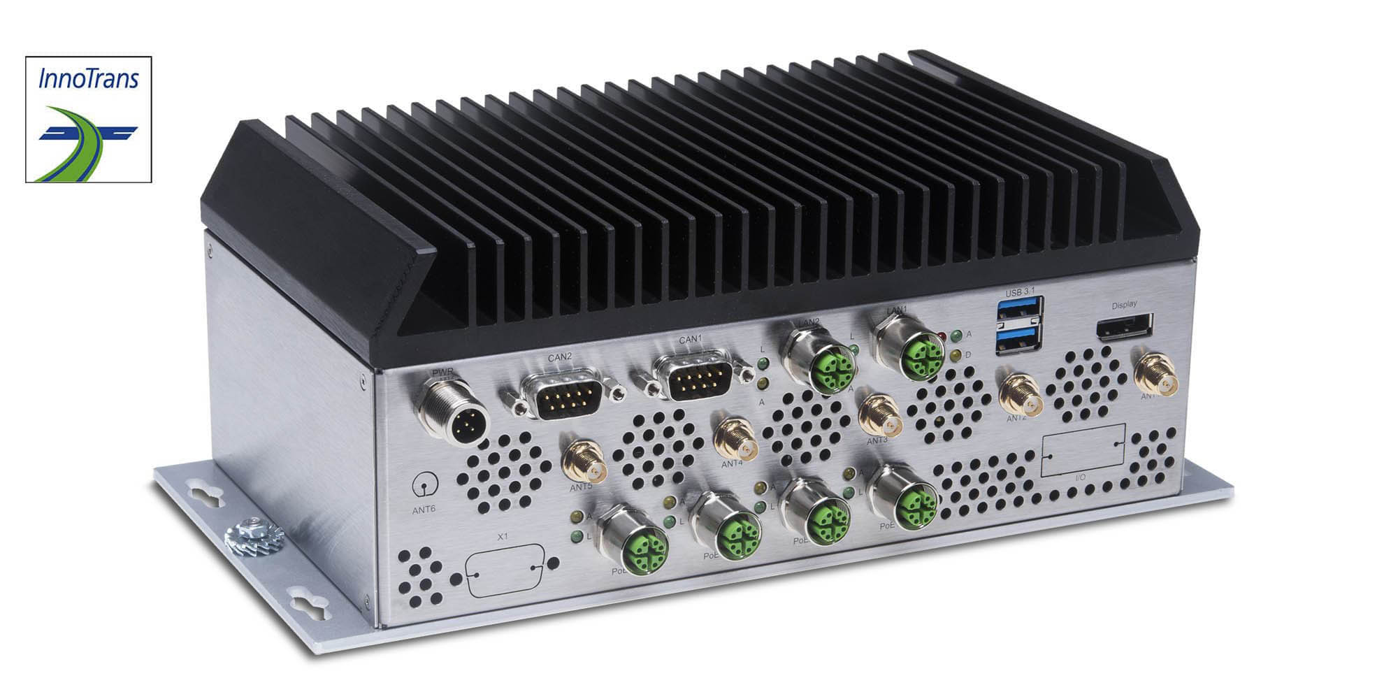 Industrial computer silver with black cooling fins. Numerous interfaces.