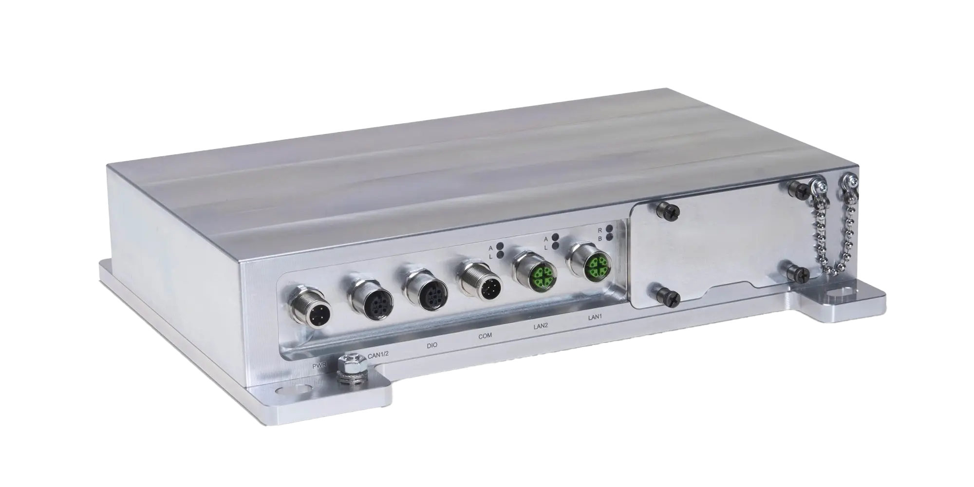 Rugged industrial computer with solid aluminum housing and sealed M12 connectors for reliable field deployment.