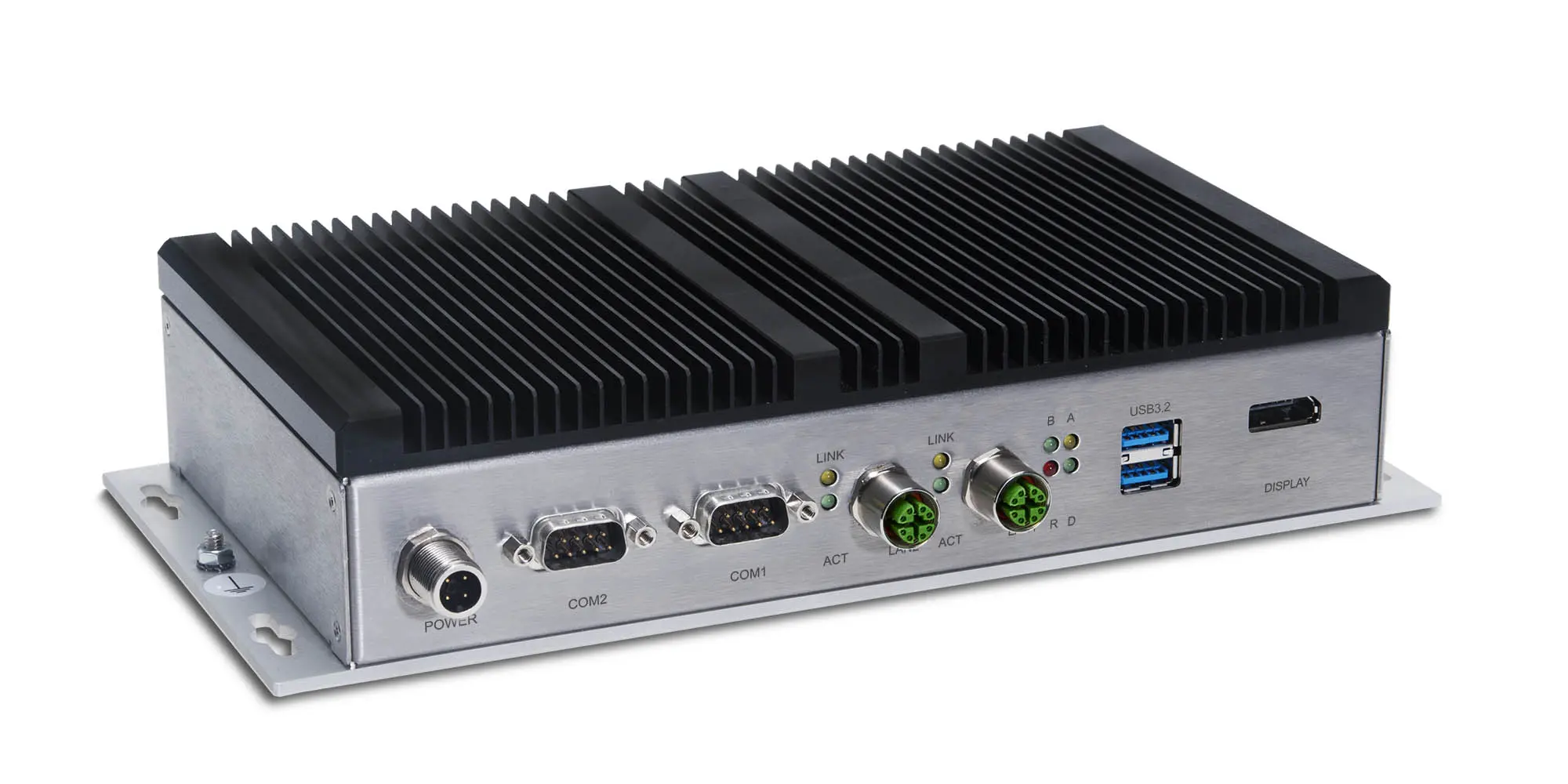 3/4 view, Embedded Computer by Syslogic, for Railway use, black cooling fins