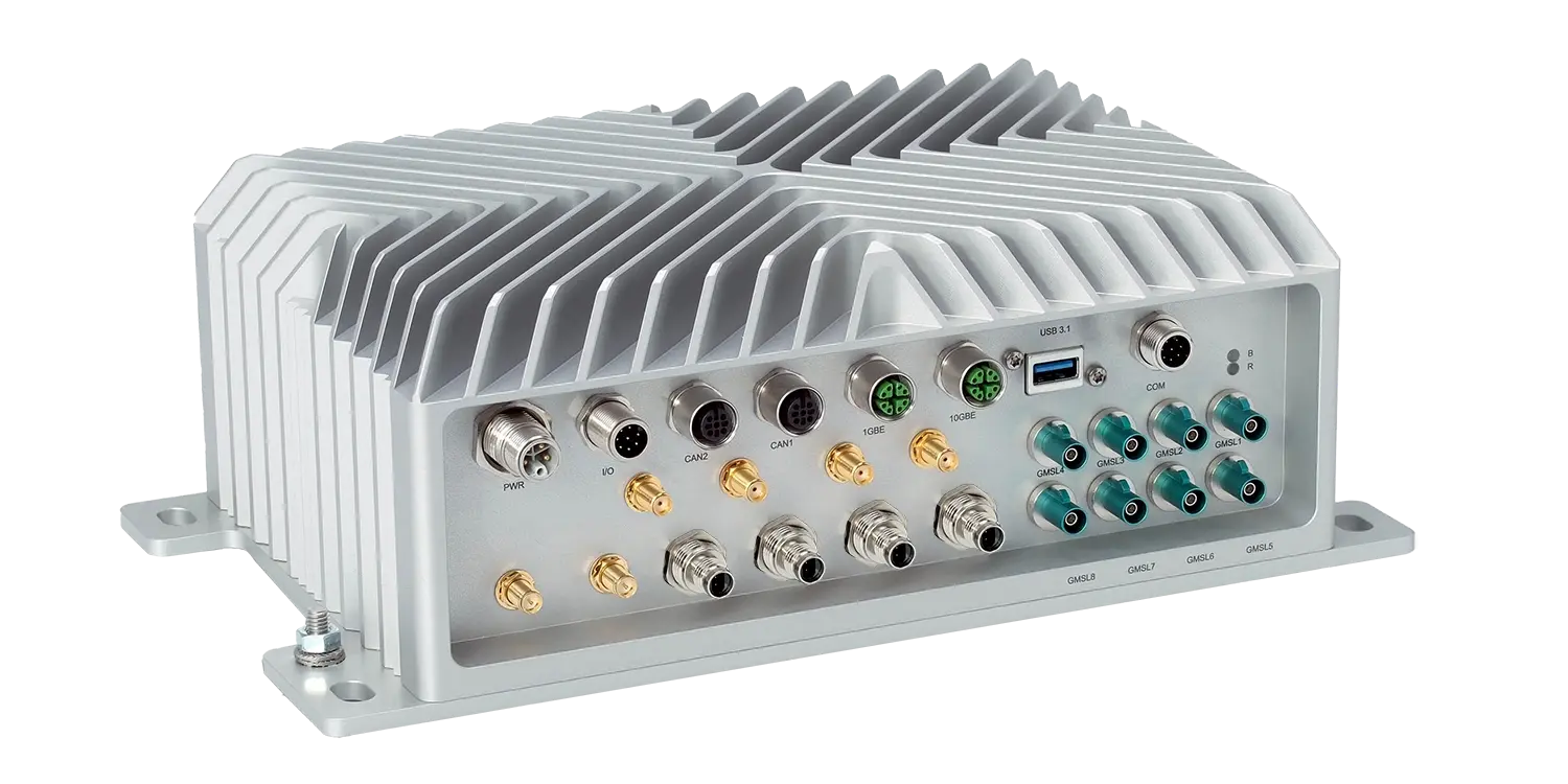 3/4 View of a Syslogic Rugged Computer with Automotive Ethernet
