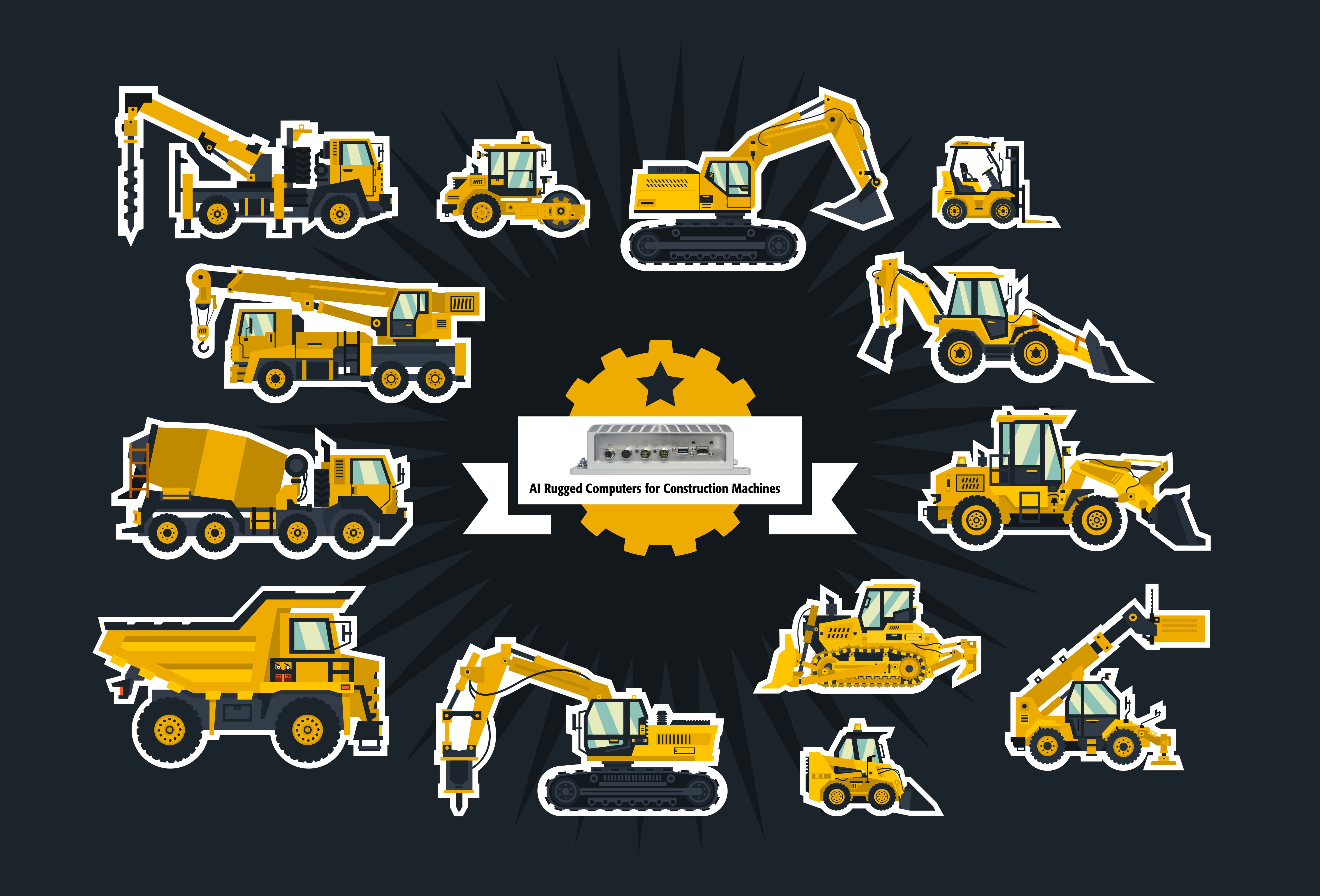 drawn construction machines of various types, in the middle a control computer by Syslogic