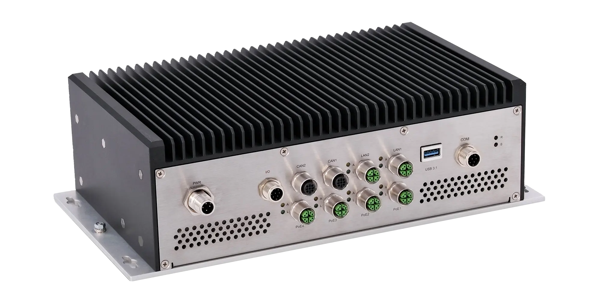 Railway Computer by Syslogic, 3/4 view, black cooling fins, m12 connectors