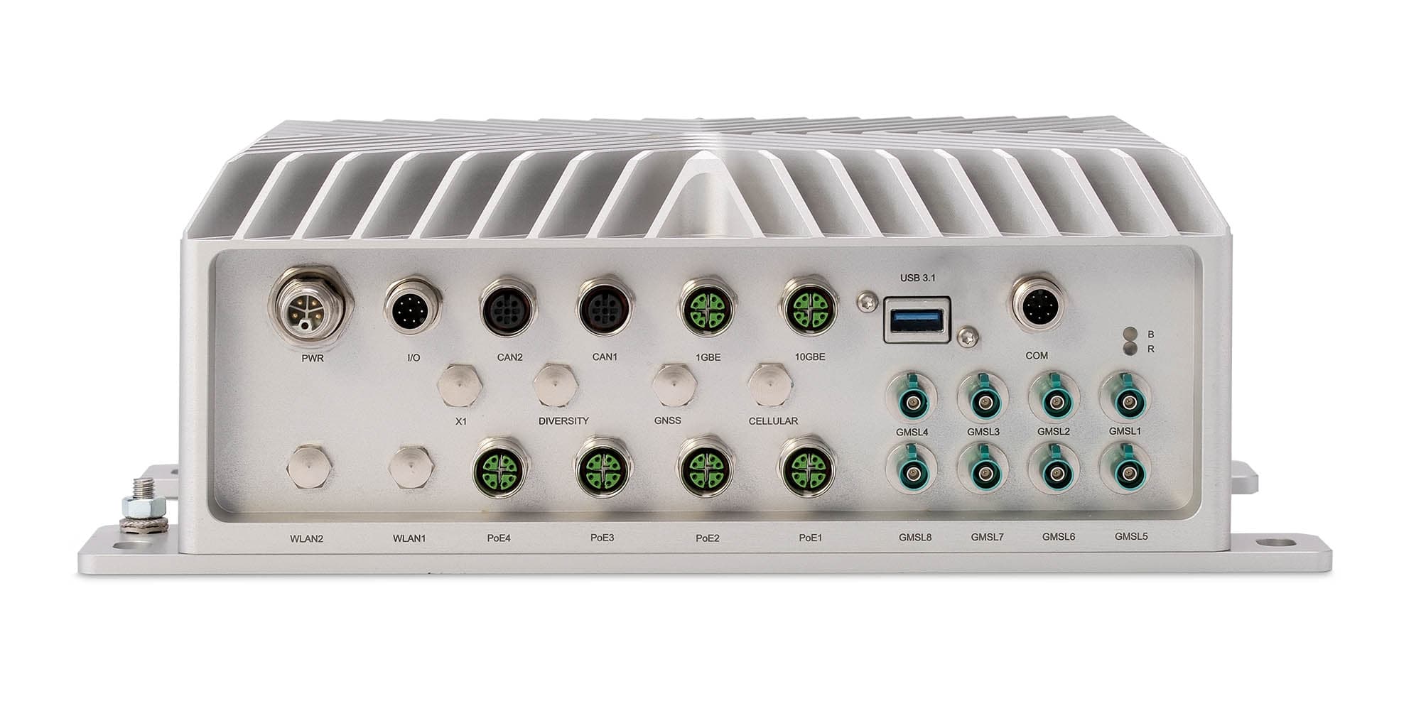 Syslogic Rugged Computer, front view, aluminium housing,