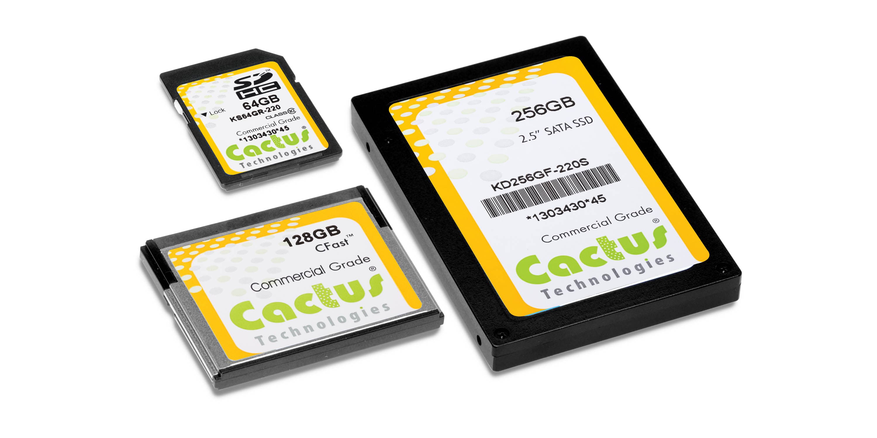 Three NAND flash storage cards – SD Card, Compact Flash and 2,5" SSD from the manufacturer Cactus Technologies