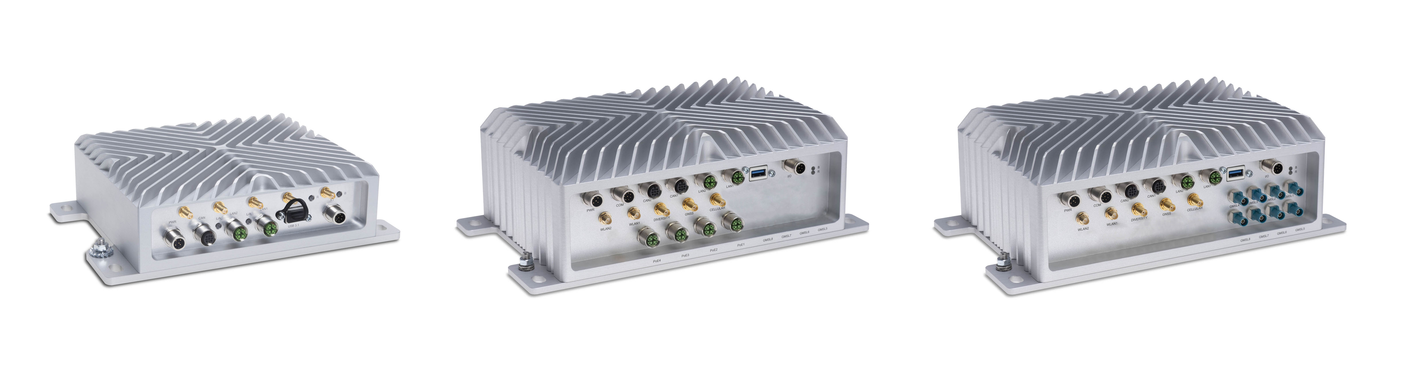 Three Rugged Computers by Syslogic with aluminium housing, diagonal cooling fins