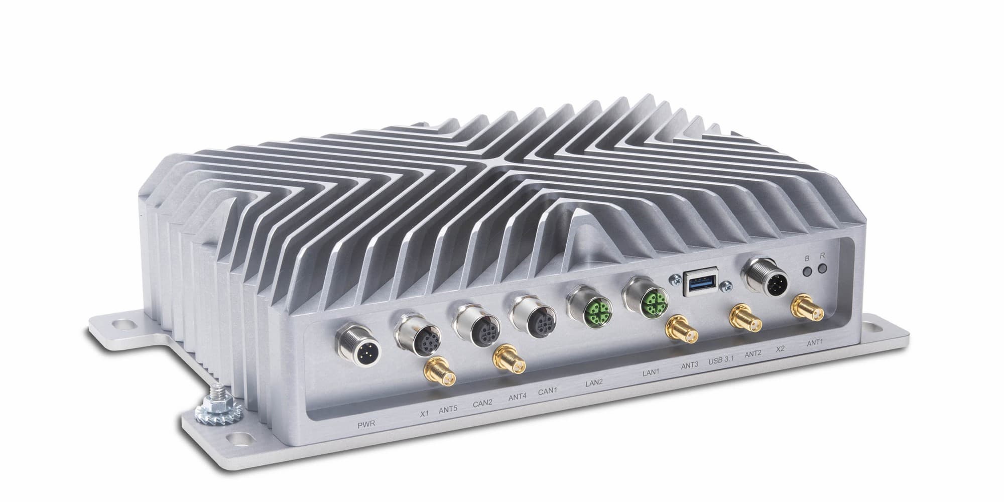 Ruggedized Embedded Computer with an aluminum housing and robust interfaces, silver anodized.