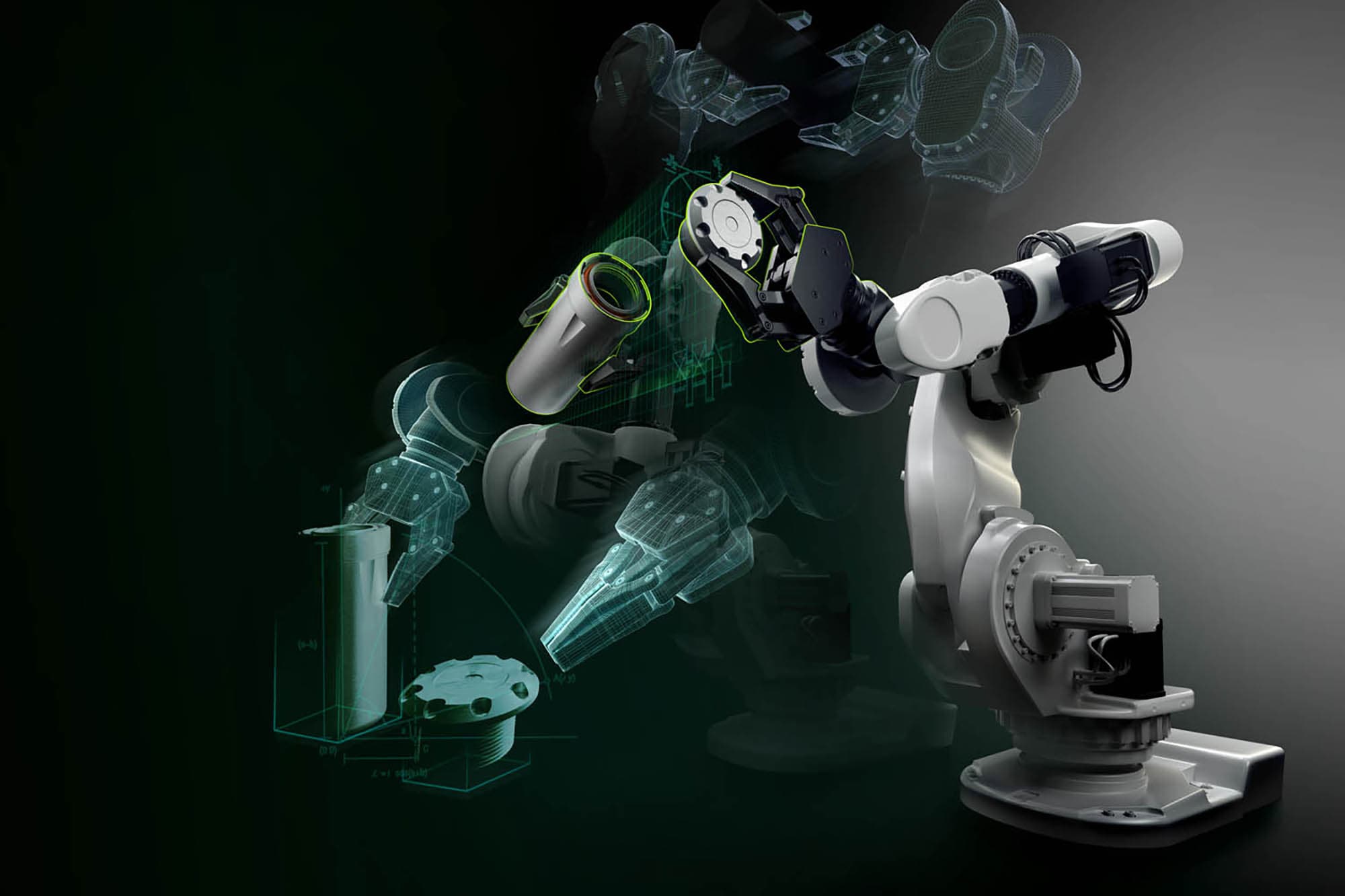 3D Animation of an intelligent Manufacturing Robot against neutral dark background