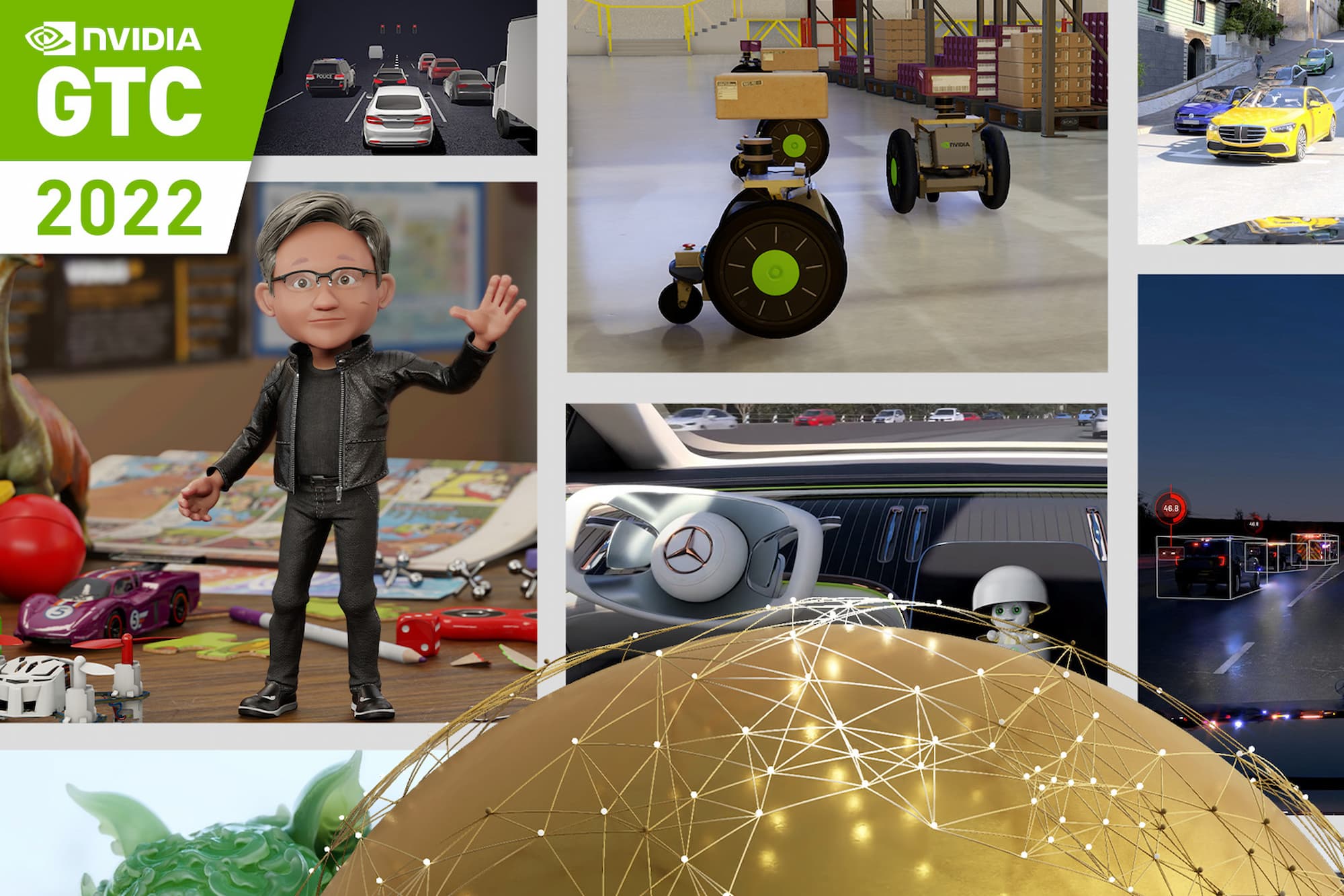 Edge AI collage with diffrent applications, AGVs, autonomous cars, car cockpit, NVIDIA CEO Jen-Hsun Huang as avatar
