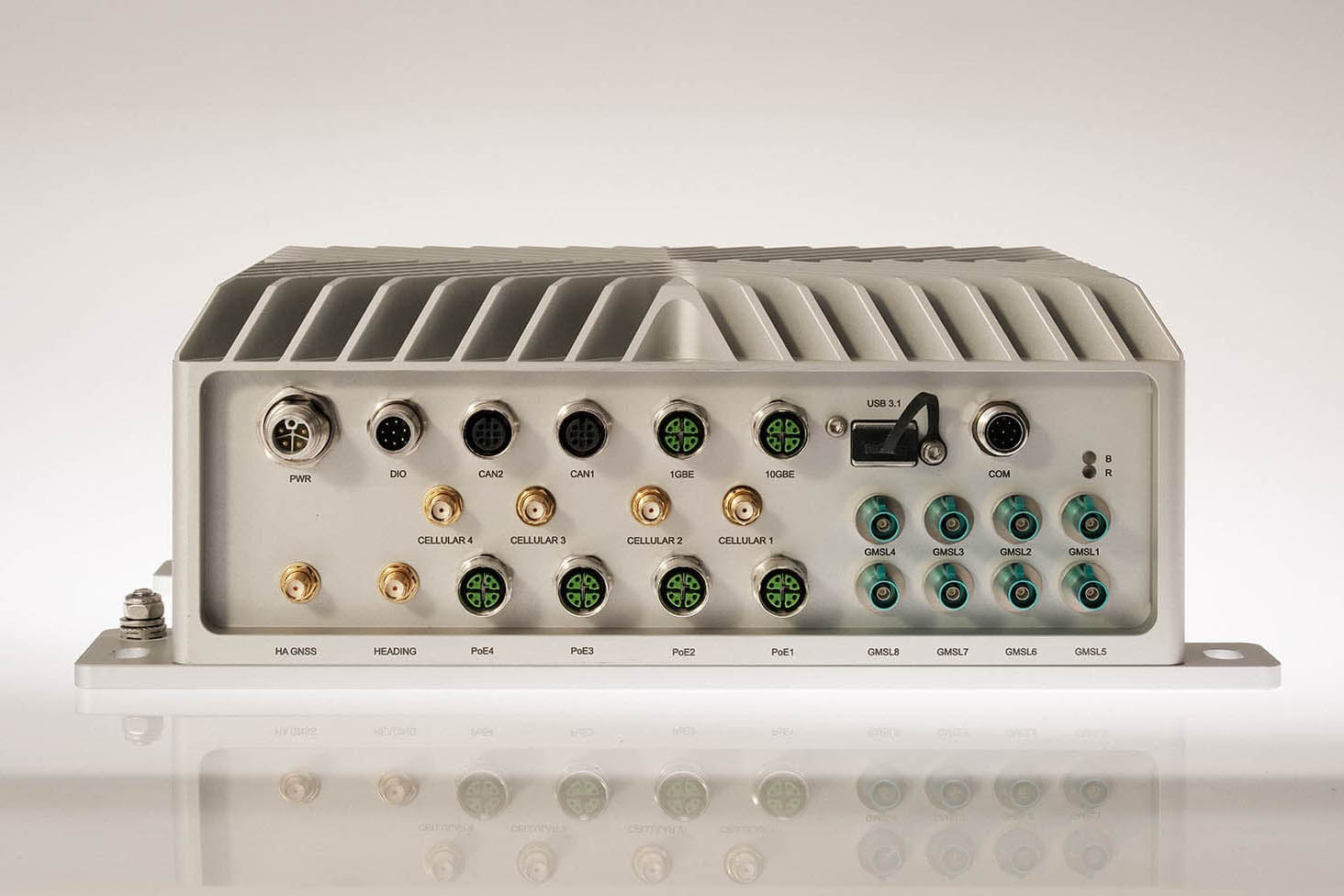 Front view of a Syslogic AI Embedded Rugged Computer, Aluminum Housing, White Background