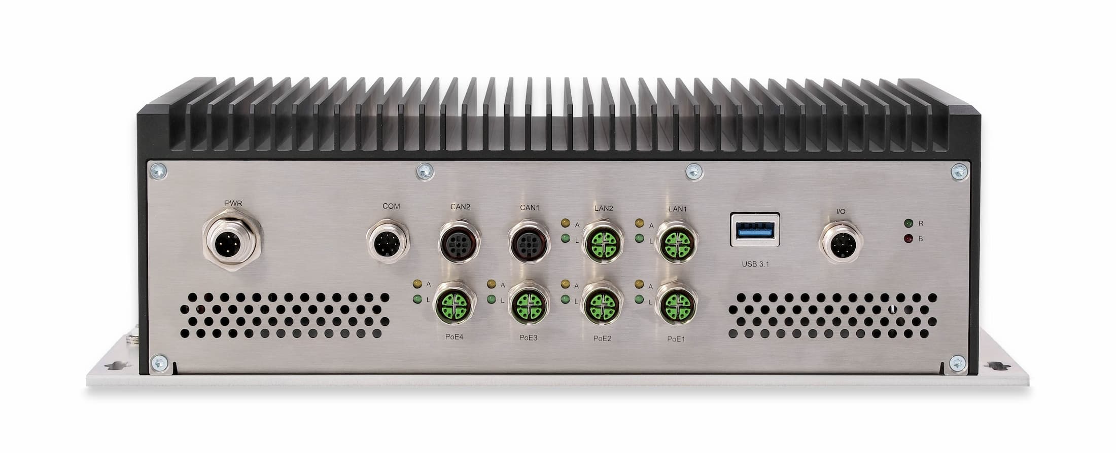 Frontal view of a Syslogic Railway/Transportation Computer with black cooling fins