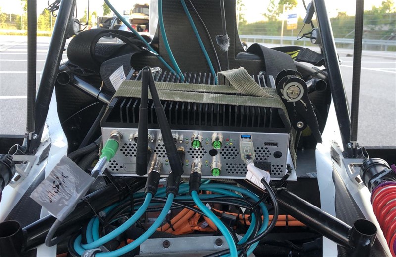The autonomous racing car is currently being tested - the AI Vehicle Computer from Syslogic is still provisionally lashed down.