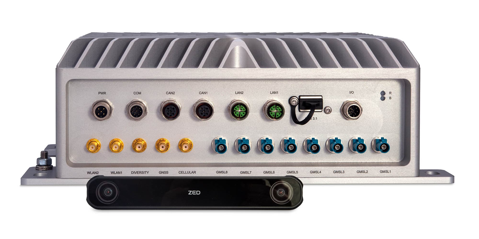 Stereo camera by Stereolabs in front of a Syslogic AI Embedded System.