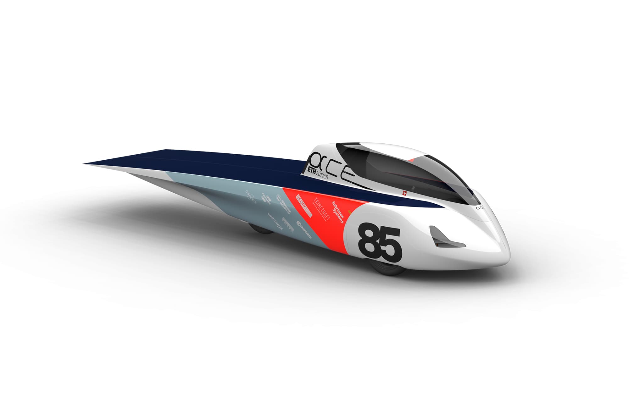 Rendered picture of the αCentauri solar racing car – a monohull with solar panels