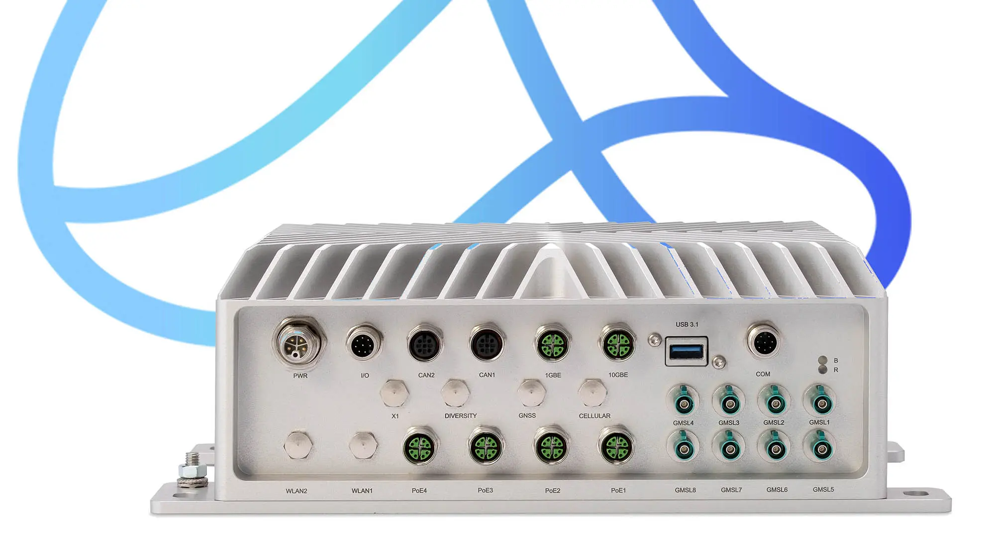 Ruggedized Embedded System by Syslogic, front view, RidgeRun logotype elements in the back.