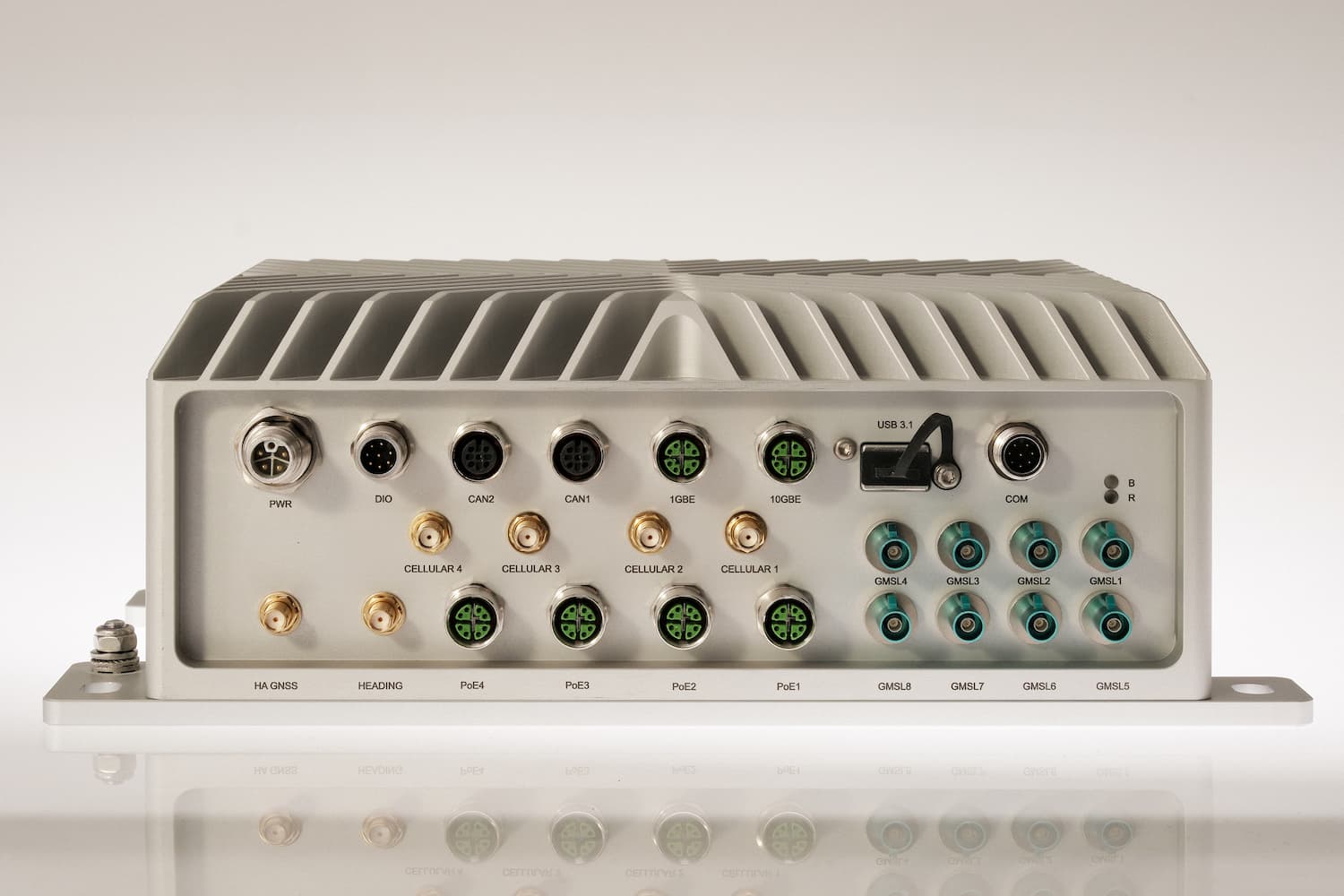 Rugged industrial AI embedded computer with multiple I/O interfaces, including Ethernet, CAN, GMSL camera ports